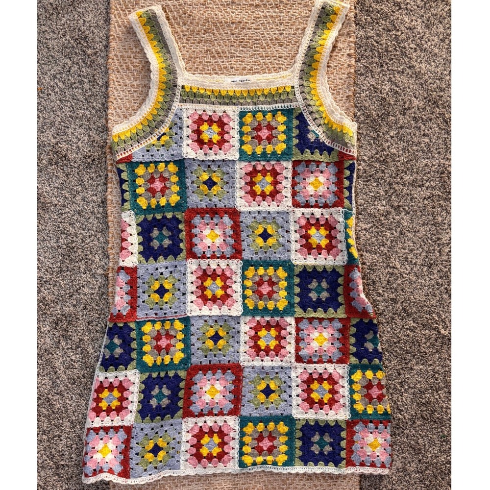 Eye Candy Crochet Granny Square Mini Dress Multi Color Boho Sleeveless One Size